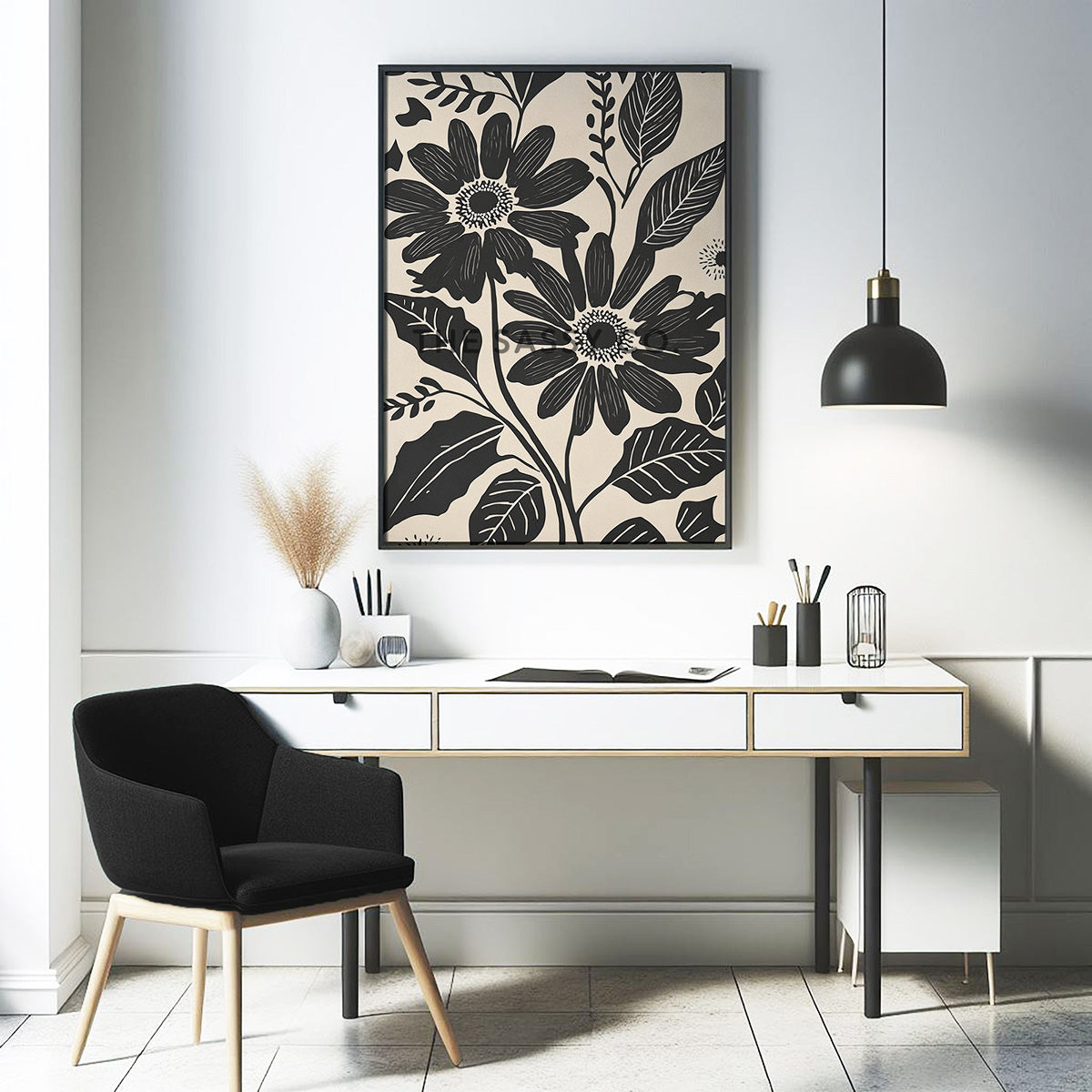 Minimalist Floral black daisy wall art painting canvas prints, framed prints bedroom, living room, home decor