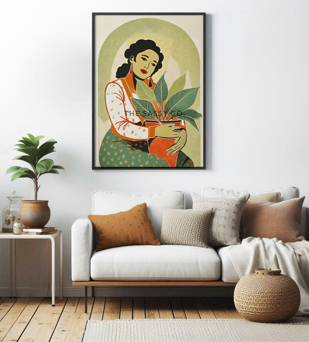 Boho style Woman with Plant Sage green wall art painting canvas print, framed print for bedroom, living room, home decor
