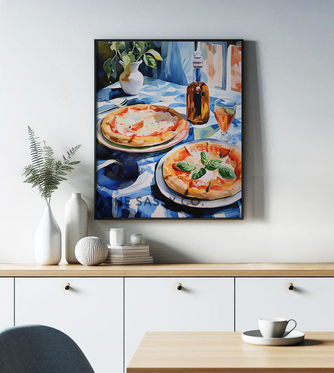 A blue, red watercolor wall art canvas painting print of Neapolitan pizzas on a table. Italy inspired wall art decor. Modern artistic wall painting for Kitchen, dining room wall decor. Italian style wall artwork.