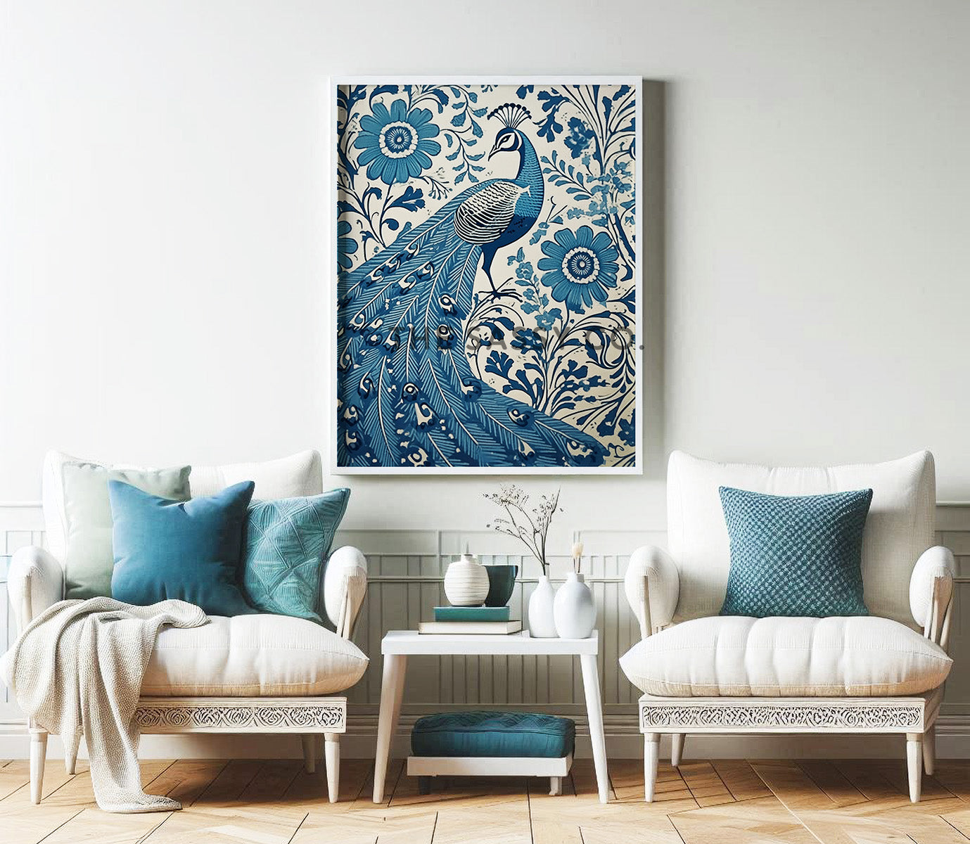 Rustic Floral Peacock Blue Paisley Wall Art Painting Canvas Print, Framed Print for bedroom, living room, home decor