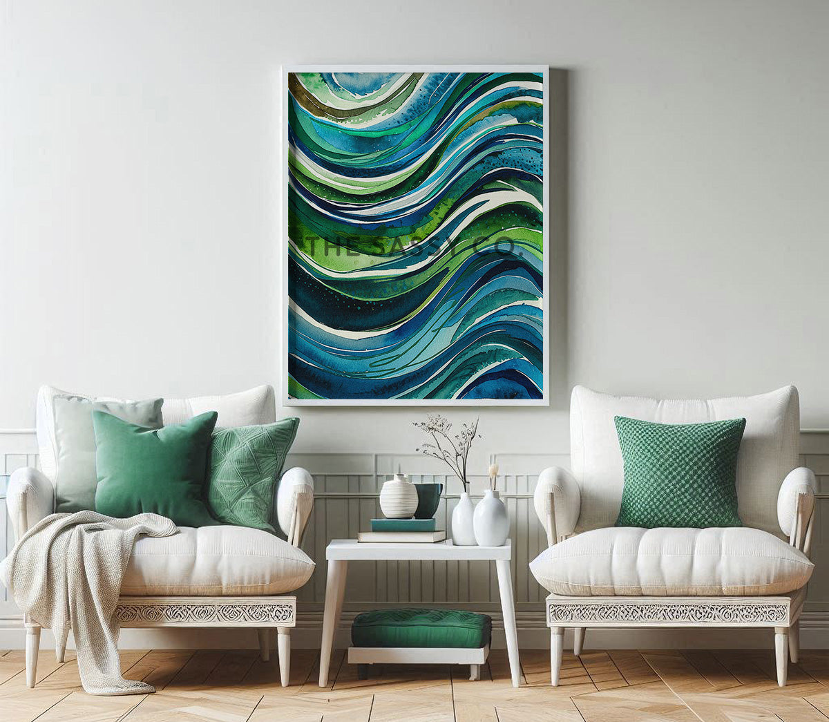Watercolor style Abstract Nature Blue Green Sea Wall Art Painting Canvas Print, framed print for living room, office, home decor