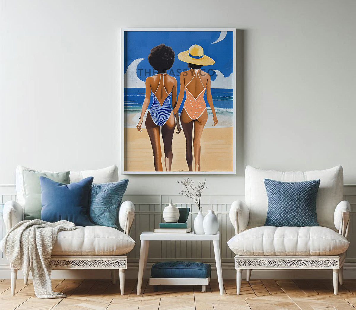 Boho Style women at the beach wall art painting canvas print, framed print for bedroom, living room, home decor