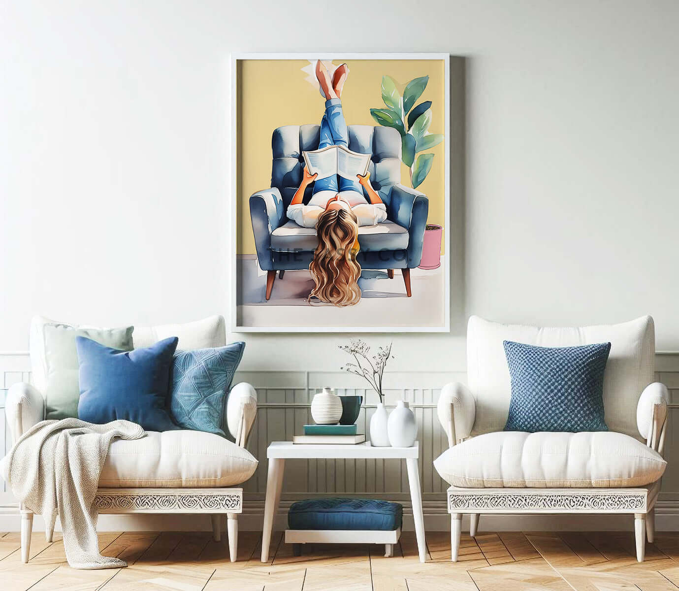 A yellow, blue boho style watercolor modern artwork of a woman reading book. Boho watercolor wall art painting canvas, framed art print for bedroom, living room, home wall decor. Boho wall decor ideas for modern Indian homes. Buy wall art painting online