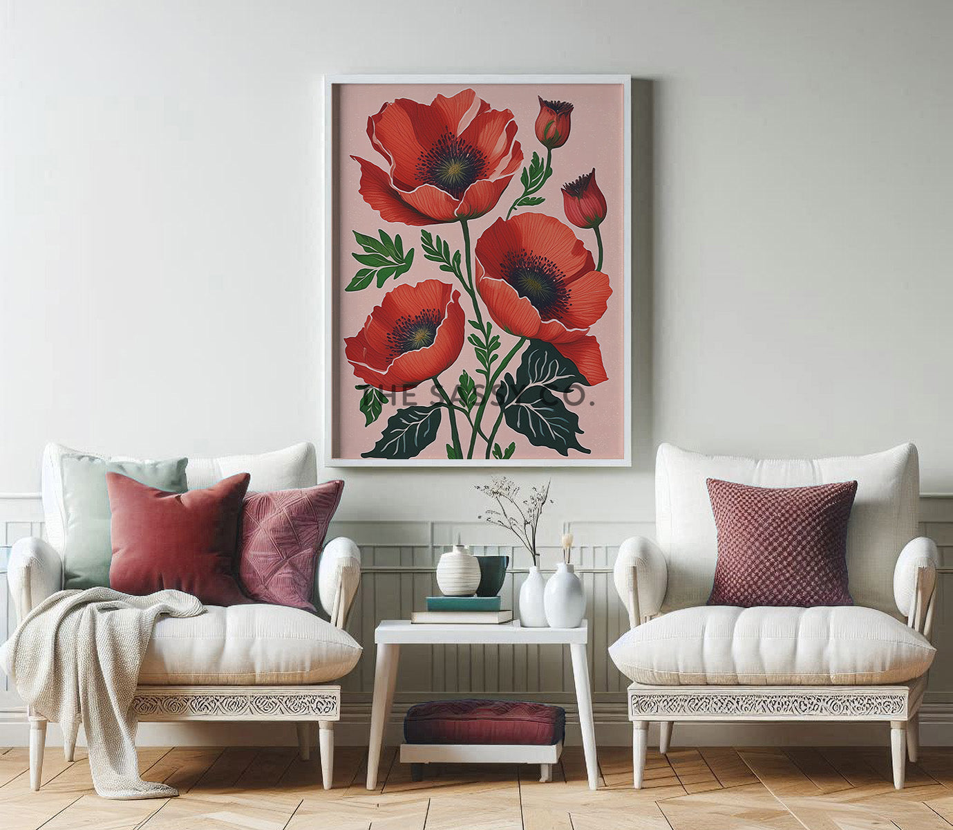 Minimalist Pink Poppy Flower Floral Botanical Wall Art Painting, Canvas Print, Framed print for bedroom, living room, home decor