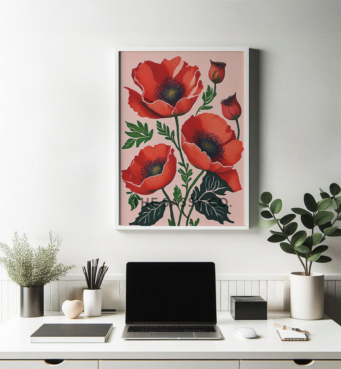 Minimalist Pink Poppy Flower Floral Botanical Wall Art Painting, Canvas Print, Framed print for bedroom, living room, home office, work station, home decor