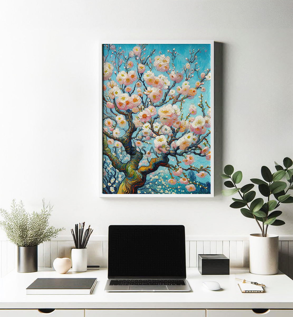 Van Gogh style Cherry blossom flowers floral botanical wall art painting canvas, framed print for bedroom, living room, office, work station, home decor