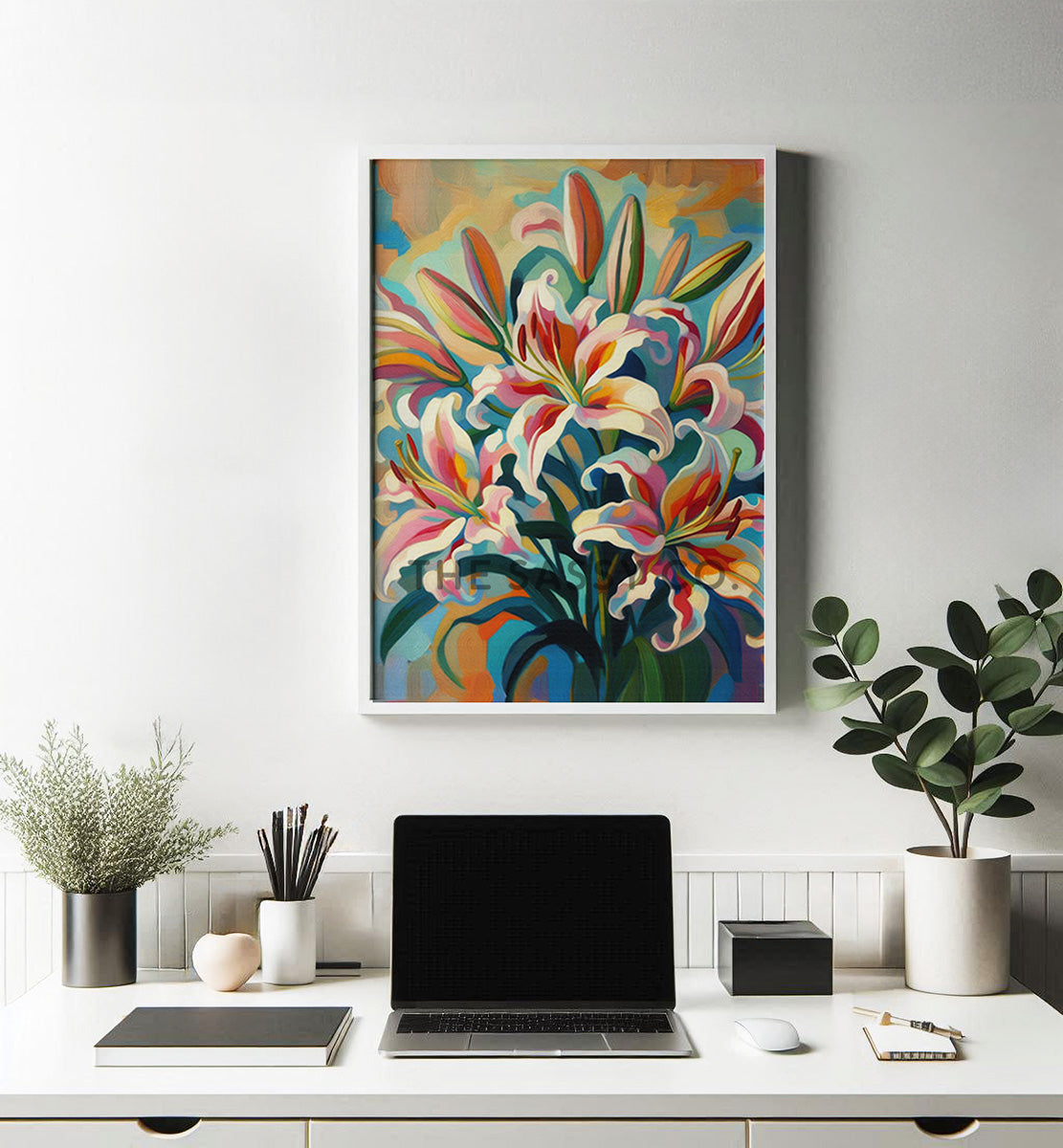Colorful Floral, Botanical, Lilly flower wall art painting canvas print, framed print for bedroom, living room, home decor