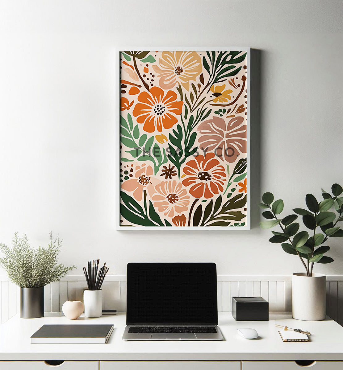 Boho style modern abstract colorful floral flowers wall art painting canvas gallery wrap and white framed artwork art print for home office wall, living room and modern Indian home boho wall art decor.