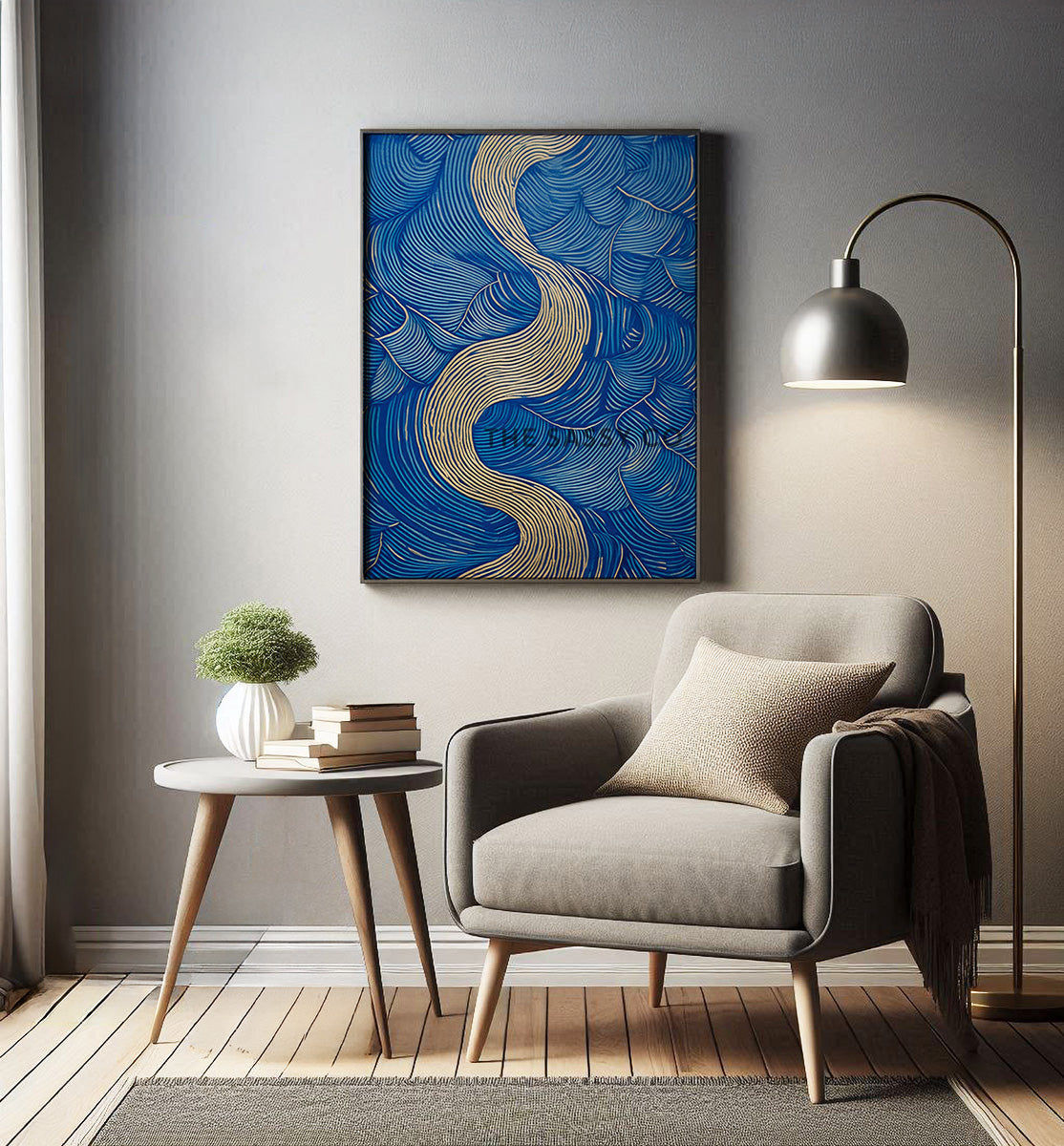 Nature inspired, blue river abstract wall art painting canvas & framed print for bedroom, living room, home decor