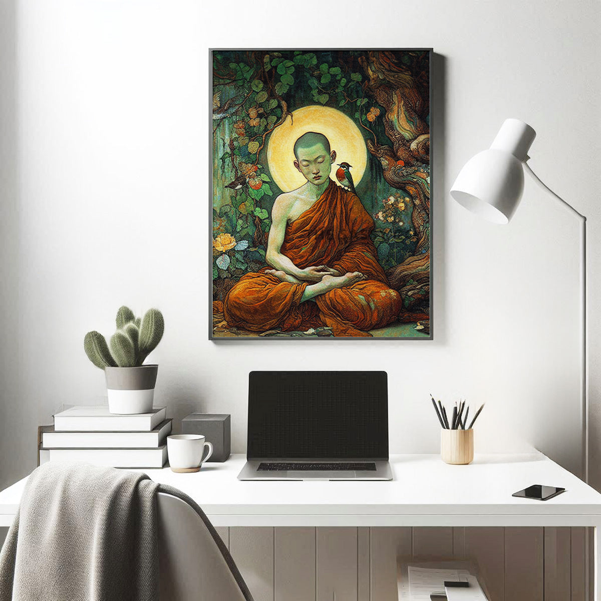 Buddhist monk meditating wall art painting canvas print, framed print for living room, bedroom, home