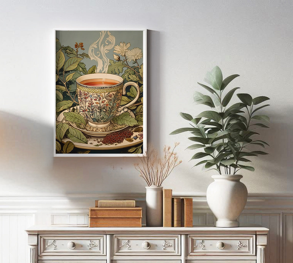 a pastel blue and green vintage style tea artwork. Tea leaves, cup wall art painting canvas, framed art print for kitchen, dining room, home wall decor. Buy modern wall art paintings online India.