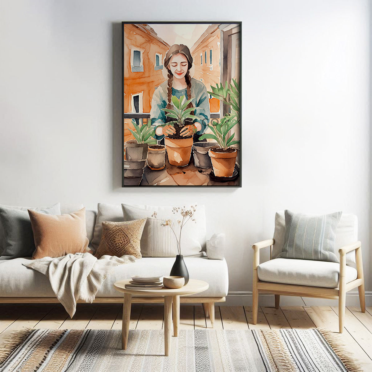 An orange, green boho watercolor artwork of a woman gardening. Boho watercolor style wall art painting canvas, framed art print for living room, home wall decor. Boho wall decor ideas for modern Indian homes. Buy wall art painting online