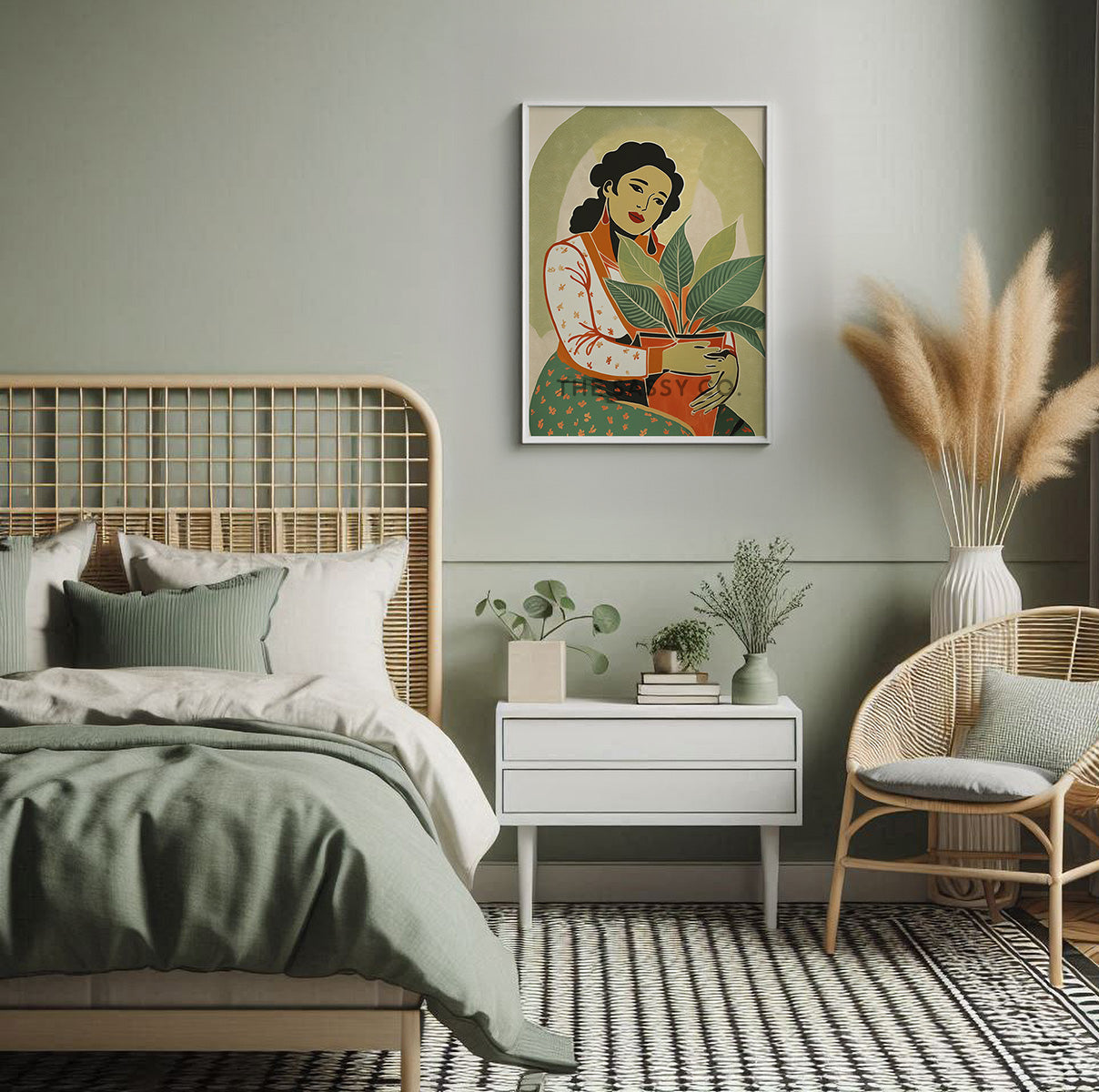 Boho style Woman with Plant Sage green wall art painting canvas print, framed print for bedroom, living room, home decor