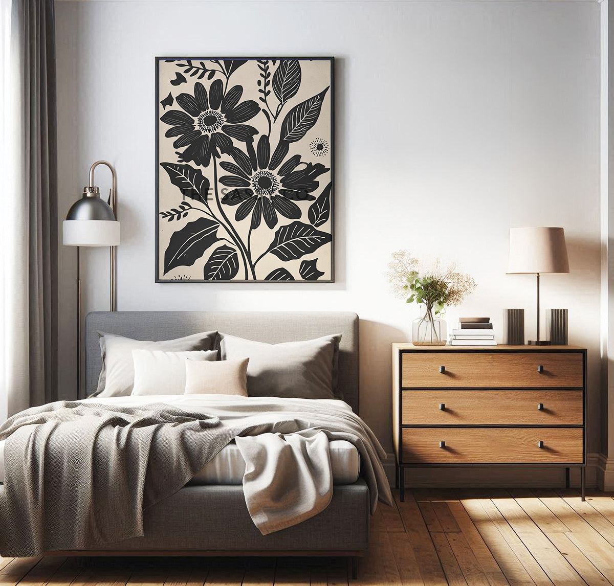 Minimalist Floral black daisy wall art painting canvas prints, framed prints bedroom, living room, home decor