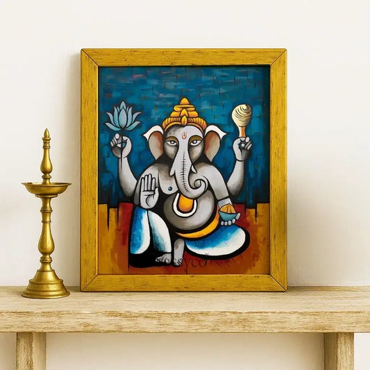 Blue, yellow, modern Lord Ganesha wall art canvas painting in a gold frame. Abstract artwork of Ganesh with lotus and symbolic elements, spiritual Hindu god décor for living room, pooja room, meditation corner, office, or entryway. Perfect Vastu Ganesha painting for positivity, wisdom, prosperity, and blessings.