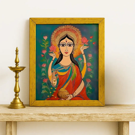 Goddess Lakshmi wall art canvas painting – modern folk-art style painting of Lakshmi with lotus flowers and gold coins, symbolizing wealth, prosperity, and abundance; perfect spiritual wall art décor for home, pooja room, or living room decor.