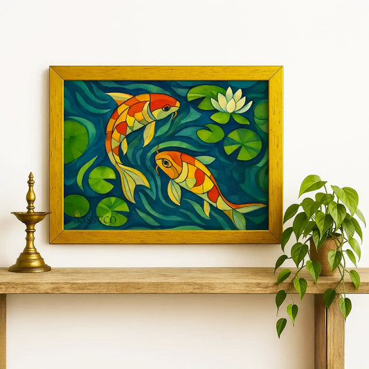Koi fish wall art painting – modern artwork featuring colorful koi swimming in water lilies, symbolizing prosperity, wealth, and harmony; perfect décor for living room, office, or meditation area. Vastu, feng shui inspired decor.