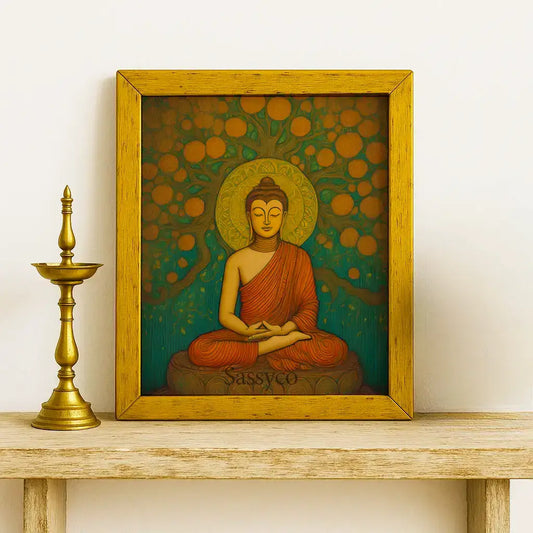 Gold framed canvas artwork of Lord Gautama Buddha under the Bodhi tree and circular patterns on a teal background. Buddha canvas painting wall art – serene artwork of Lord Buddha meditating under the Bodhi tree with a golden halo, spiritual meditation art for home décor, yoga room, or living room wall decoration. abstract Buddha wall art painting for modern home decor.