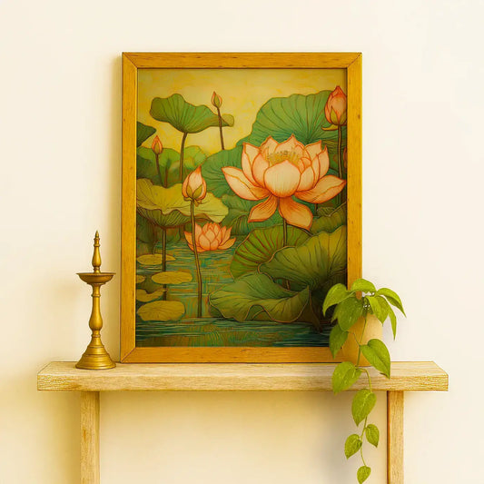 Pink lotus wall art canvas painting gold framed– elegant painting of lotus flowers in bloom symbolizing purity, peace, and calm; perfect for living room wall decor, bedroom, yoga, or meditation décor