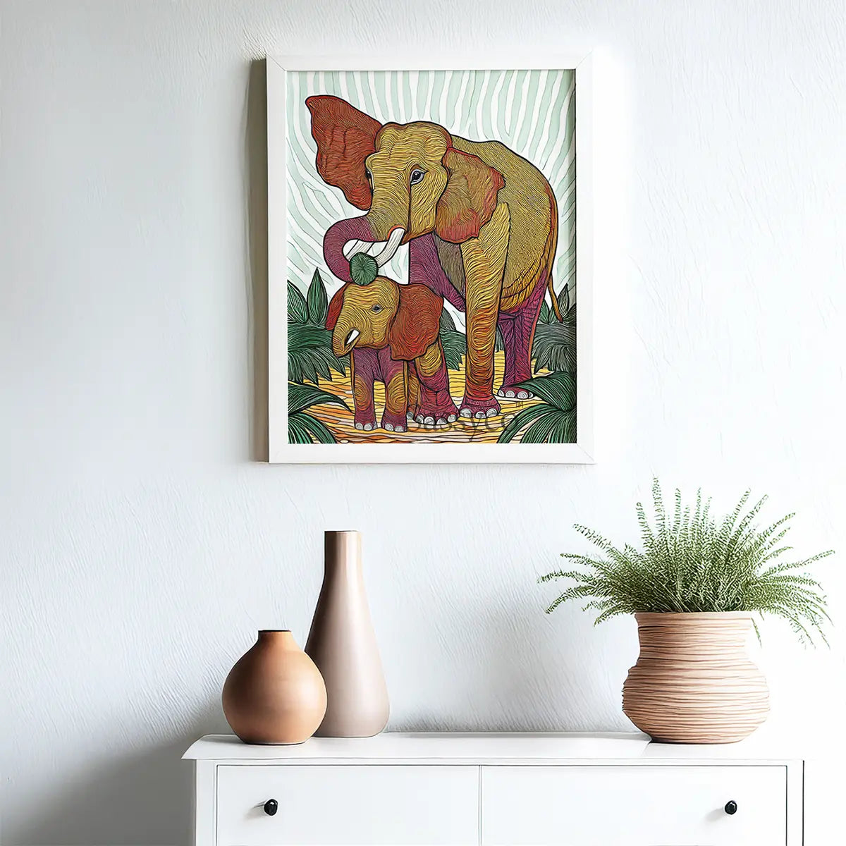 Framed artwork of two elephants on a wall above a white cabinet with decorative vases and plants. Modern abstract Elephant animal canvas painting wall art decor framed artwork for living room, bedroom decor. Green, yellow, red elephants aesthetic wall art home decor item for modern Indian home. Free Shipping. Buy best art prints, posters, modern unique artwork wall art decor shopping online in India.