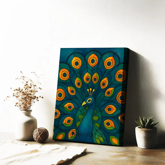 Canvas gallery stretch artwork of a peacock with vibrant colors on a white background. Blue, green, orange peacock wall art canvas painting – modern Indian artwork featuring vibrant blue and green feathers symbolizing grace, beauty, and renewal; elegant home décor for living room, bedroom wall.