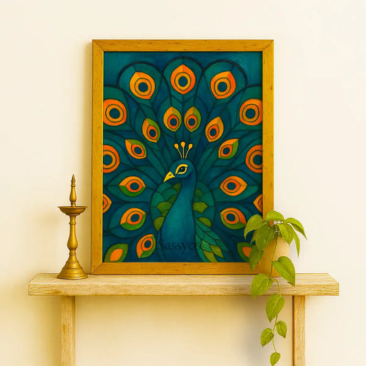 Gold framed canvas artwork of a peacock with vibrant colors on a white background. Blue, green, orange peacock wall art canvas painting – modern Indian artwork featuring vibrant blue and green feathers symbolizing grace, beauty, and renewal; elegant home décor for living room, bedroom wall.