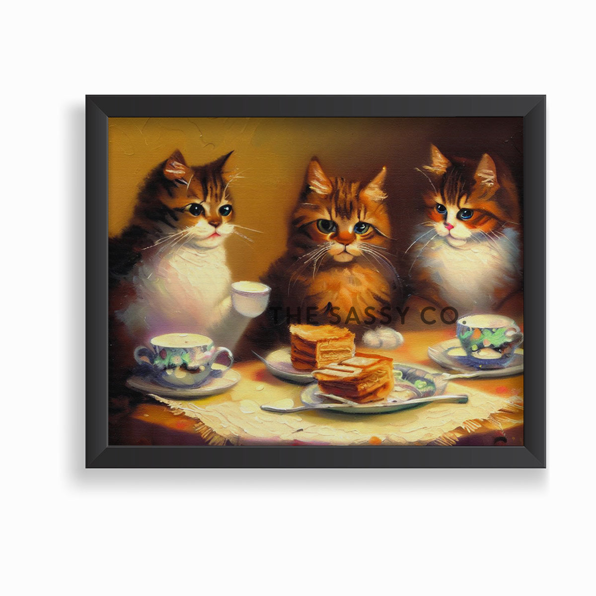 Three cats having a tea party, wall art painting for drawing room. Canvas wall art painting prints, framed art prints for bedroom, living room, home decor. Buy wall art painting online India.