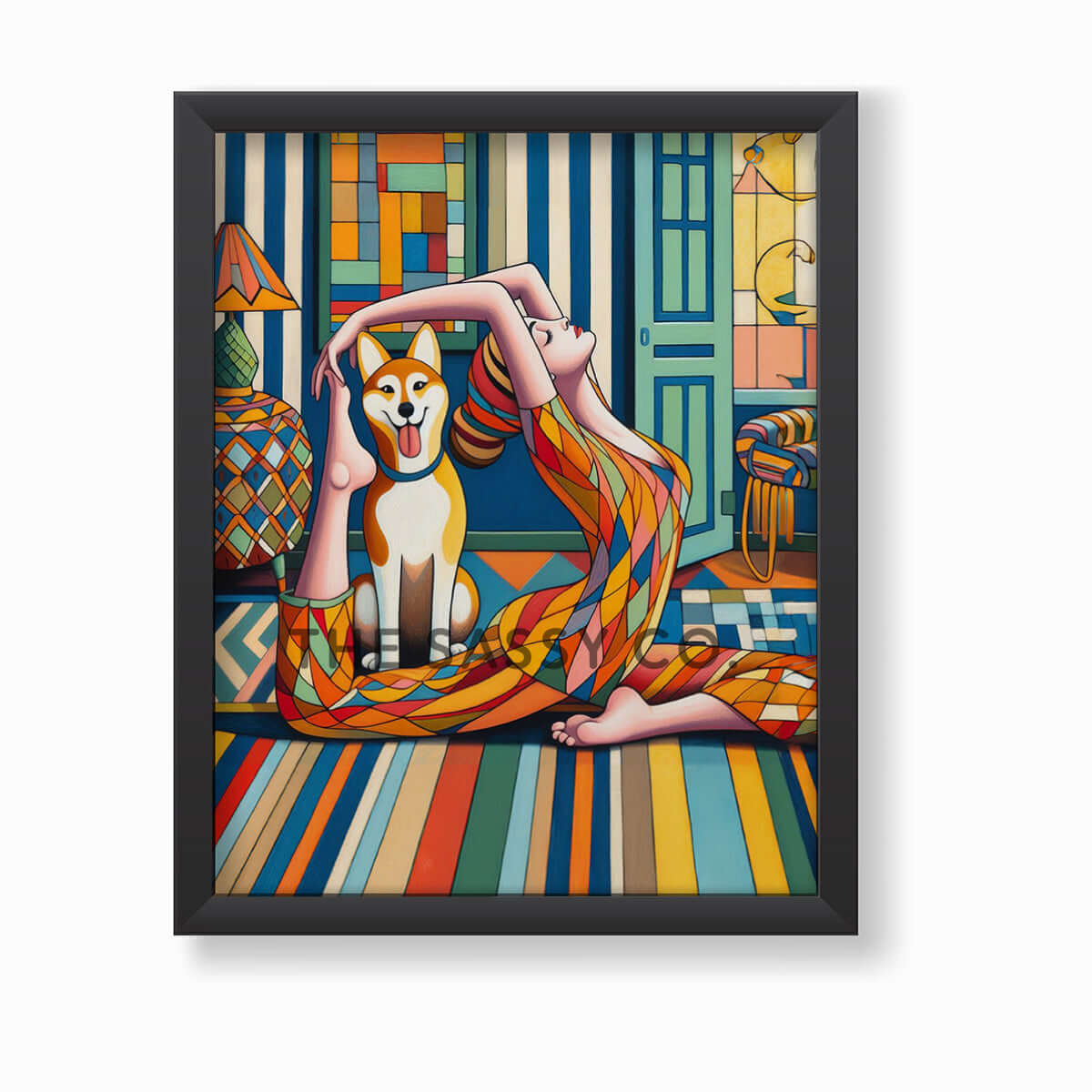 Modern colorful artwork of a woman doing yoga and a happy pet dog. Colorful wall art painting canvas & framed art print for bedroom wall, living room, modern Indian home decor. Ready-to-hang wall art decor. Buy wall art painting online India.
