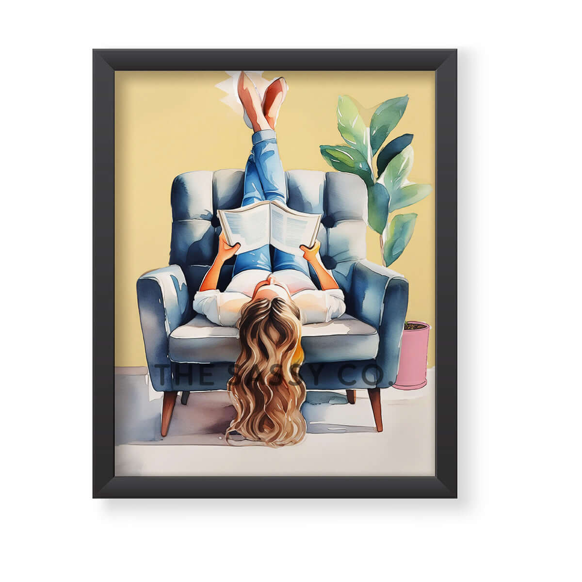A yellow, blue boho style watercolor modern artwork of a woman reading book. Boho watercolor wall art painting canvas, framed art print for bedroom, living room, home wall decor. Boho wall decor ideas for modern Indian homes. Buy wall art painting online