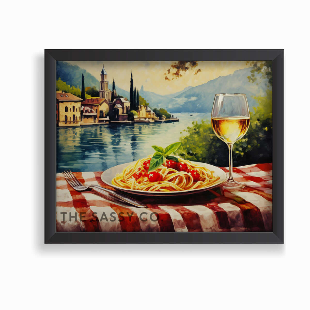 Italy style inspired, Lake Como, Spaghetti, Wine travel wall art painting canvas print, framed wall artwork print for Kitchen wall, Dining room and modern Indian home wall decor.