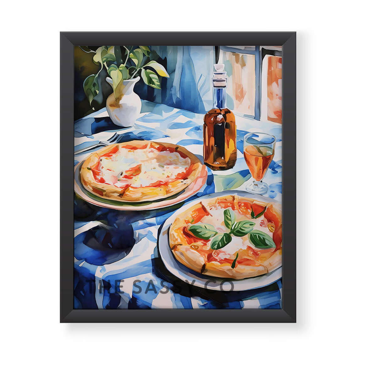 A blue, red watercolor wall art canvas painting print of Neapolitan pizzas on a table. Italy inspired wall art decor. Modern artistic wall painting for Kitchen, dining room wall decor. Italian style wall artwork.