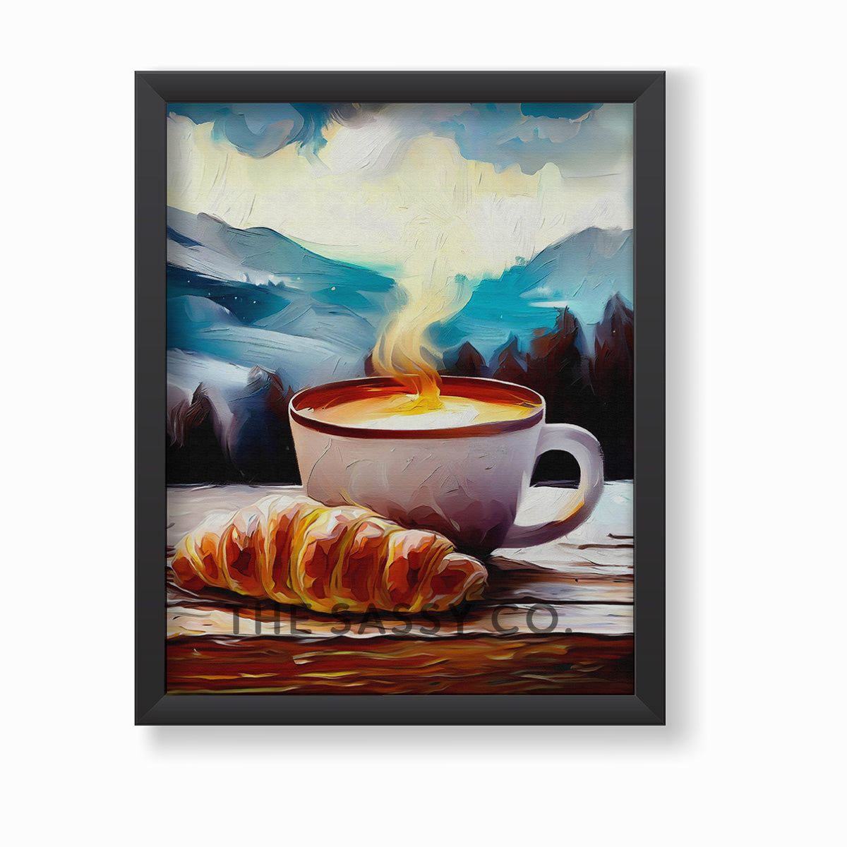Coffee Croissant against a backdrop of mountains, cold winter, Cafe Style Wall art painting, canvas & framed print for Kitchen, Dining, home decor