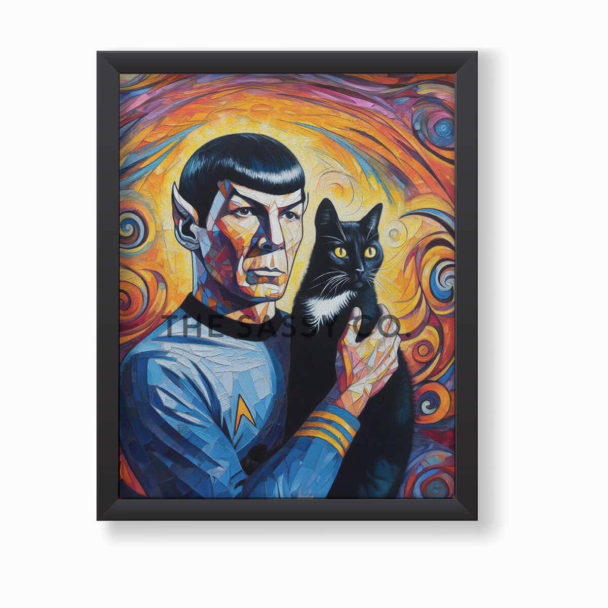 Colorful Star Trek inspired, Spock with cat wall art painting canvas print, framed print for bedroom, gaming room decor