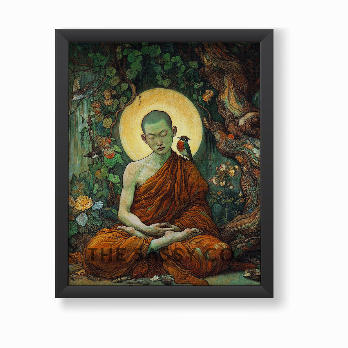 Buddhist monk meditating wall art painting canvas print, framed print for living room, bedroom, home