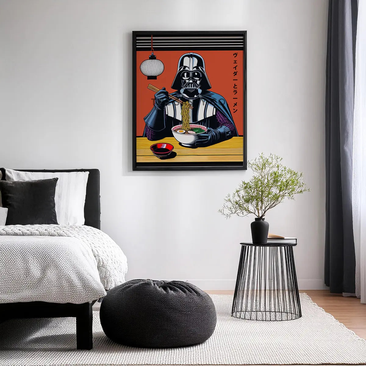 Minimalist Darth Vader ramen artwork in Japanese poster style, pop art Star Wars wall decor for kitchen, bedroom, home office or game room. Funny Star wars inspired Darth Vader wall artwork poster print canvas painting. Japanese anime style wall art decor for gamers. Gift for star wars fan.