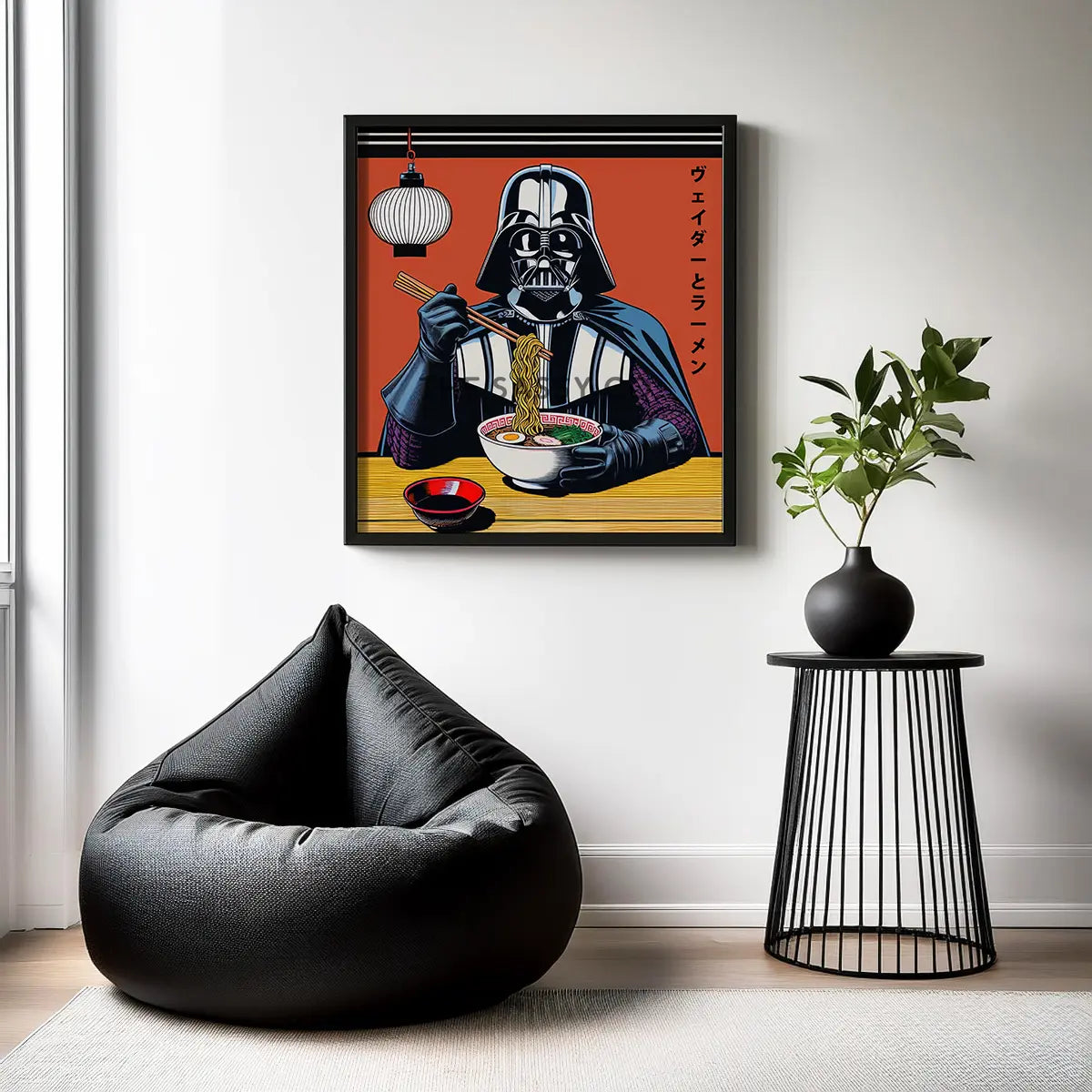 Minimalist Darth Vader ramen artwork in Japanese poster style, pop art Star Wars wall decor for kitchen, home office or game room. Funny Star wars inspired Darth Vader wall artwork poster print canvas painting. Japanese anime style wall art decor for gamers. Gift for star wars fan.