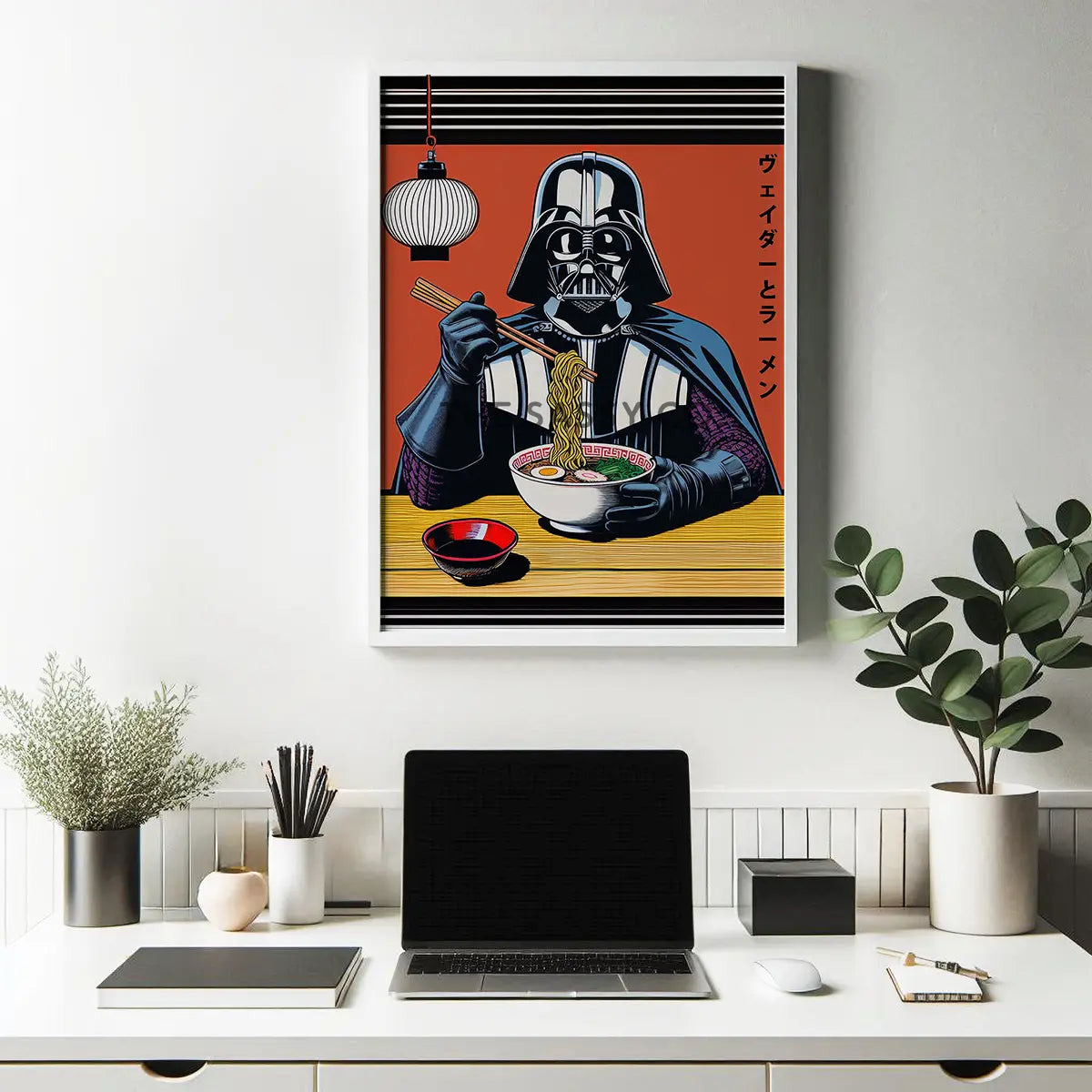 Minimalist Darth Vader ramen artwork in Japanese poster style, pop art Star Wars wall decor for kitchen, home office or game room. Funny Star wars inspired Darth Vader wall artwork poster print canvas painting. Japanese anime style wall art decor for gamers. Gift for star wars fan.