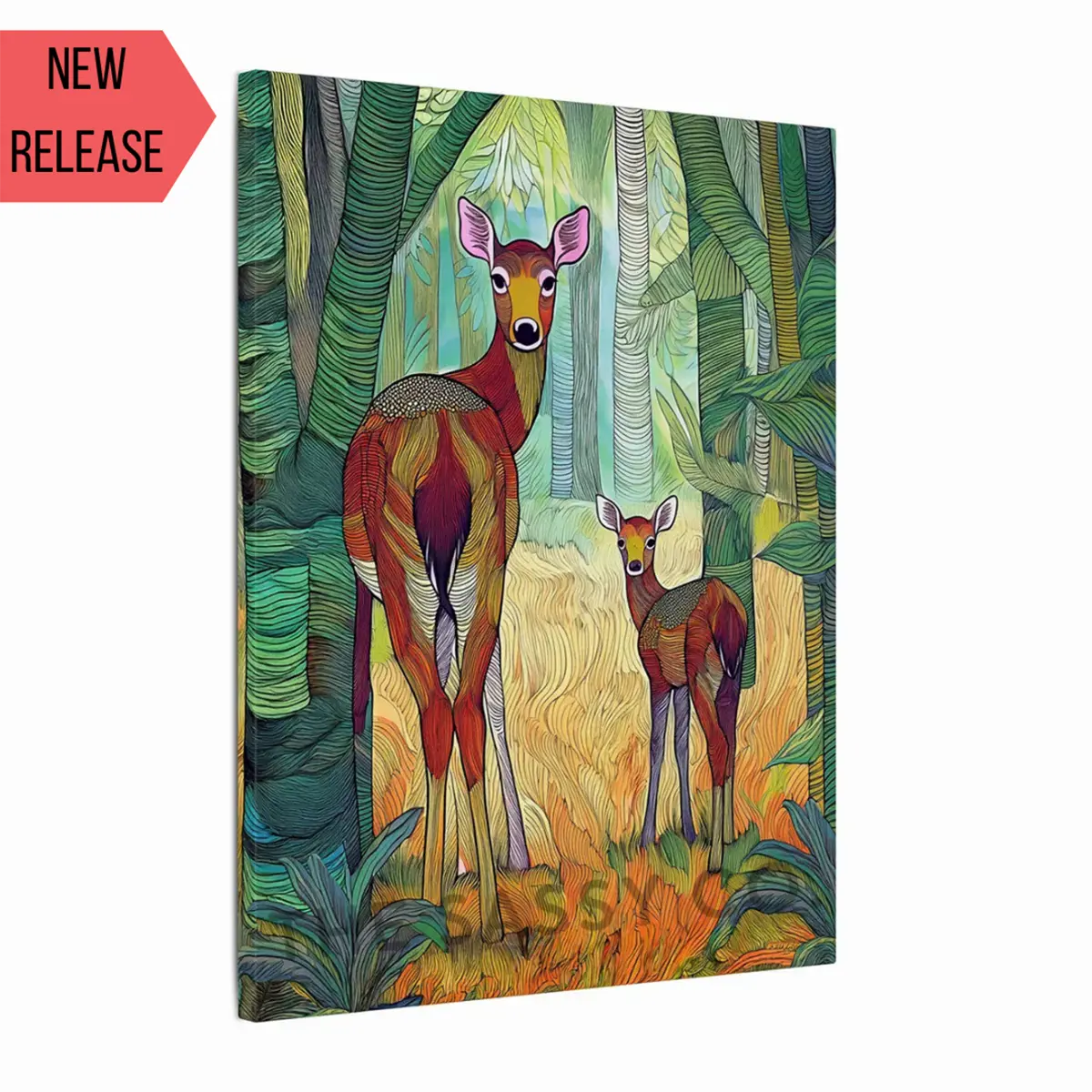 A modern abstract tribal style wildlife artwork showcasing a mother spotted deer and her fawn in nature. The canvas wall art painting features soft, earthy hues and detailed line patterns, highlighting the tender bond between the cautious mother and the curious fawn. The piece exudes calm and connection, making it an ideal canvas painting wall art decor for the living room or as nature-inspired home decor. Suitable for wildlife lovers, animal and nature lovers.