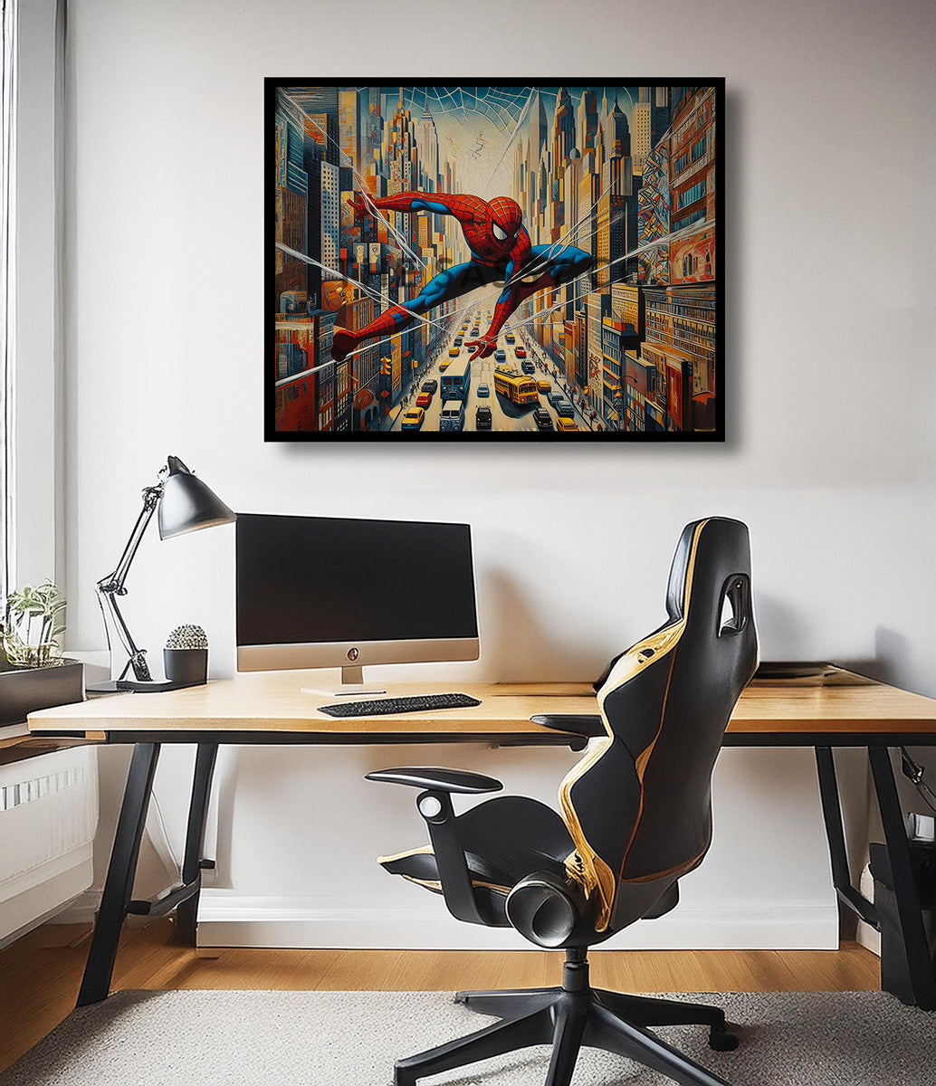 a blue, red canvas wall art painting of Spiderman in the city. Spider man superhero artwork wall art painting canvas print, framed art print for bedroom, game room wall decor, kid's room decor. Modern wall art decor for Indian homes.