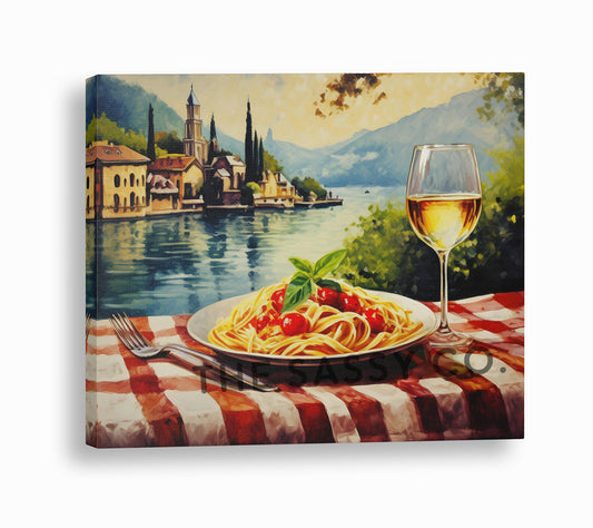 Italy style inspired, Lake Como, Spaghetti, Wine travel wall art painting canvas print, framed wall artwork print for Kitchen wall, Dining room and modern Indian home wall decor.