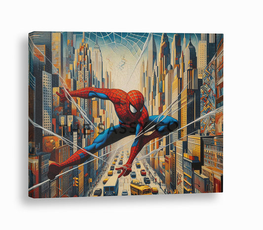 a blue, red canvas wall art painting of Spiderman in the city. Spider man superhero artwork wall art painting canvas print, framed art print for bedroom, game room wall decor, kid's room decor. Modern wall art decor for Indian homes.