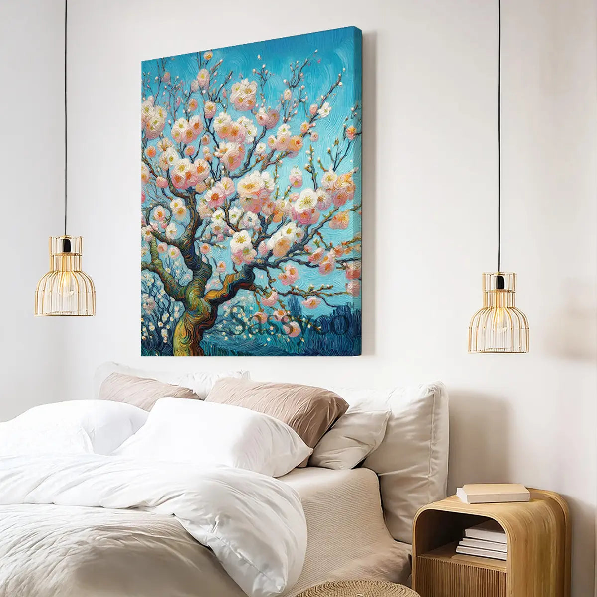 Van Gogh style Cherry blossom flowers floral botanical wall art painting canvas, framed print for bedroom, living room, home decor