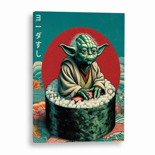 Funny Yoda wall art styled as sushi, minimalist Japanese pop art canvas painting for Star Wars fans and gamers. Star wars inspired wall art decor artwork poster for office, game room, bedroom decor.