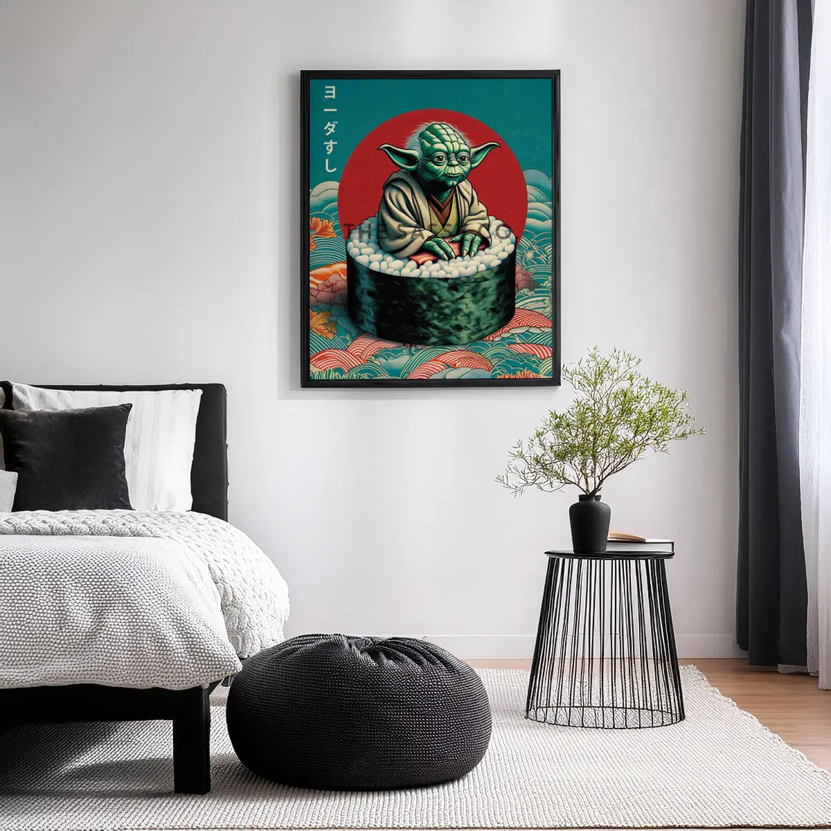 Funny Yoda wall art styled as sushi, minimalist Japanese pop art canvas painting for Star Wars fans and gamers. Star wars inspired wall art decor artwork poster for office, game room, bedroom decor.