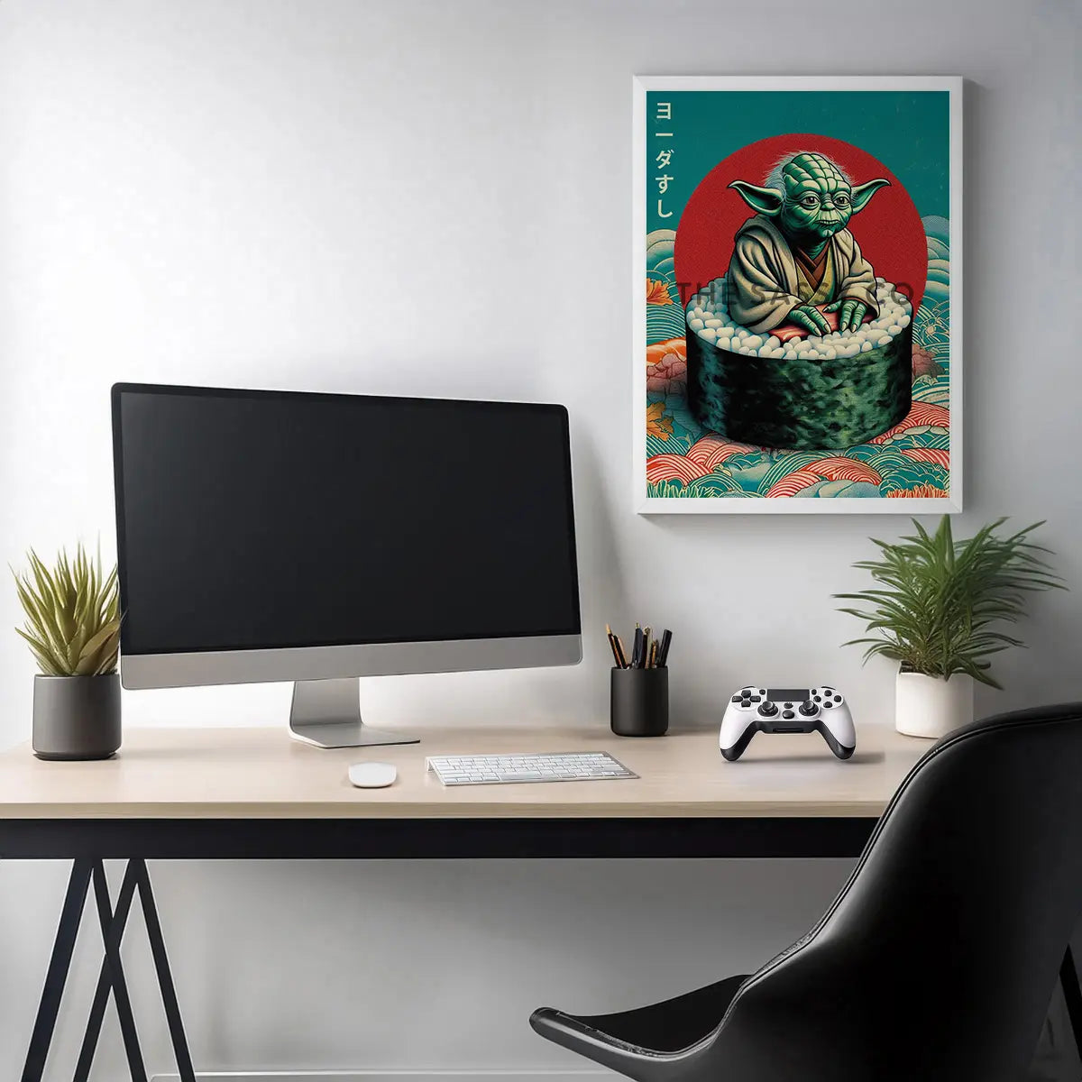 Funny Yoda wall art styled as sushi, minimalist Japanese pop art canvas painting for Star Wars fans and gamers. Star wars inspired wall art decor artwork poster for office, game room, bedroom decor.