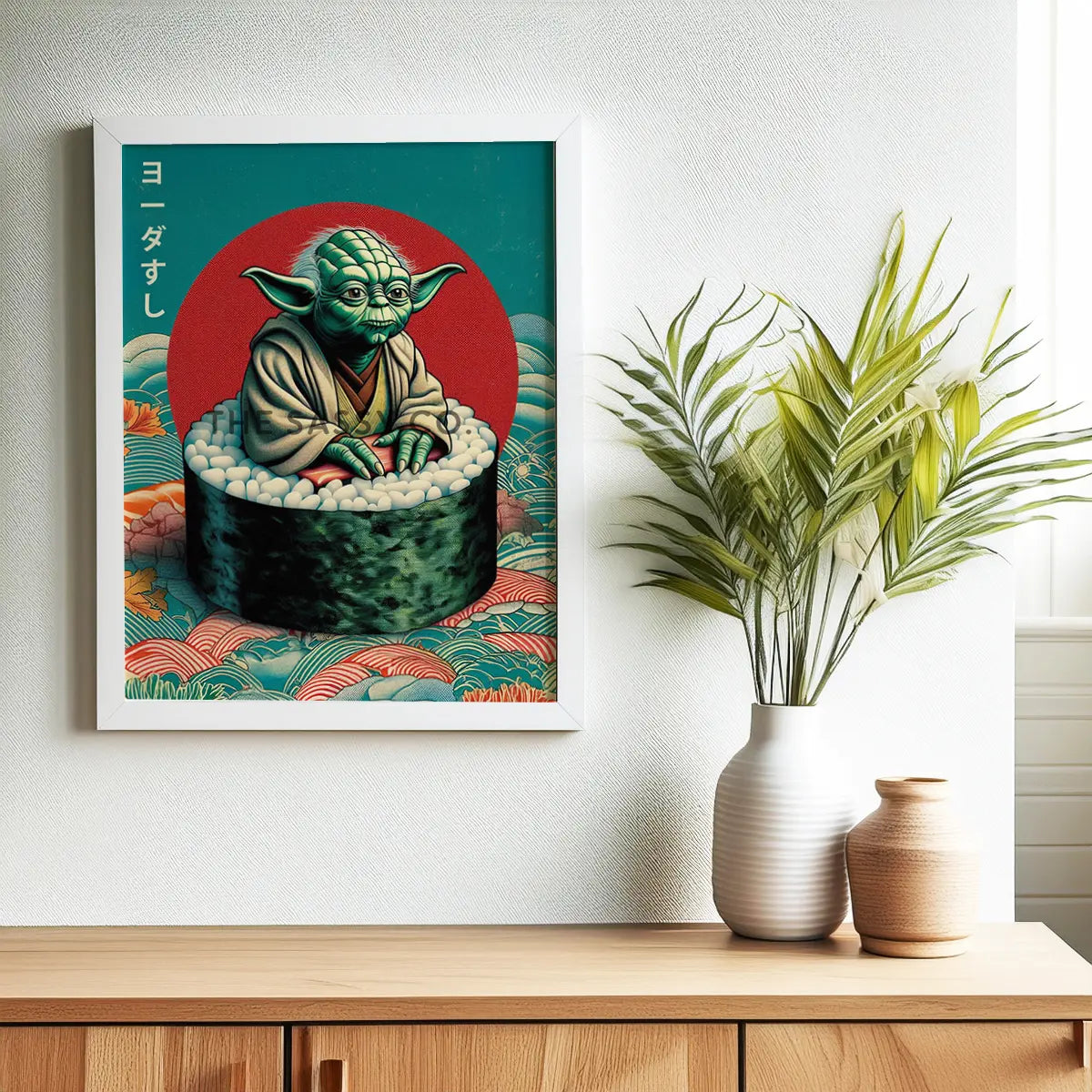Funny Yoda wall art styled as sushi, minimalist Japanese pop art canvas painting for Star Wars fans and gamers. Star wars inspired wall art decor artwork poster for office, game room, bedroom decor.
