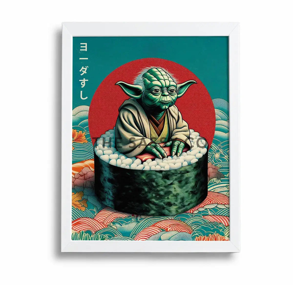 Funny Yoda wall art styled as sushi, minimalist Japanese pop art canvas painting for Star Wars fans and gamers. Star wars inspired wall art decor artwork poster for office, game room, bedroom decor.