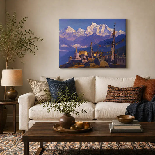 Ladakh Himalayas India monastery mountain landscape with a Buddhist stupa, monks, fluttering prayer flags and snow-capped peaks under a clear blue sky painting, as a gallery wrap canvas print, styled hanging on the wall behind the couch sofa in a living room - mountain canvas wall art, Himalayan landscape wall art, Ladakh travel poster artwork print for living room, bedroom and home office wall decor
