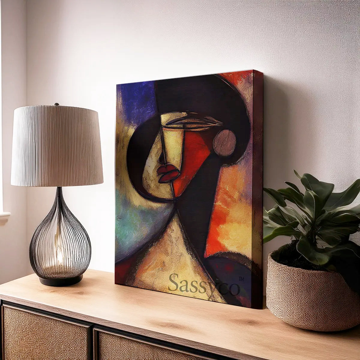 Vibrant Abstract African Woman Modern Wall Art Oil Painting, Canvas & Framed print for living room, home decor