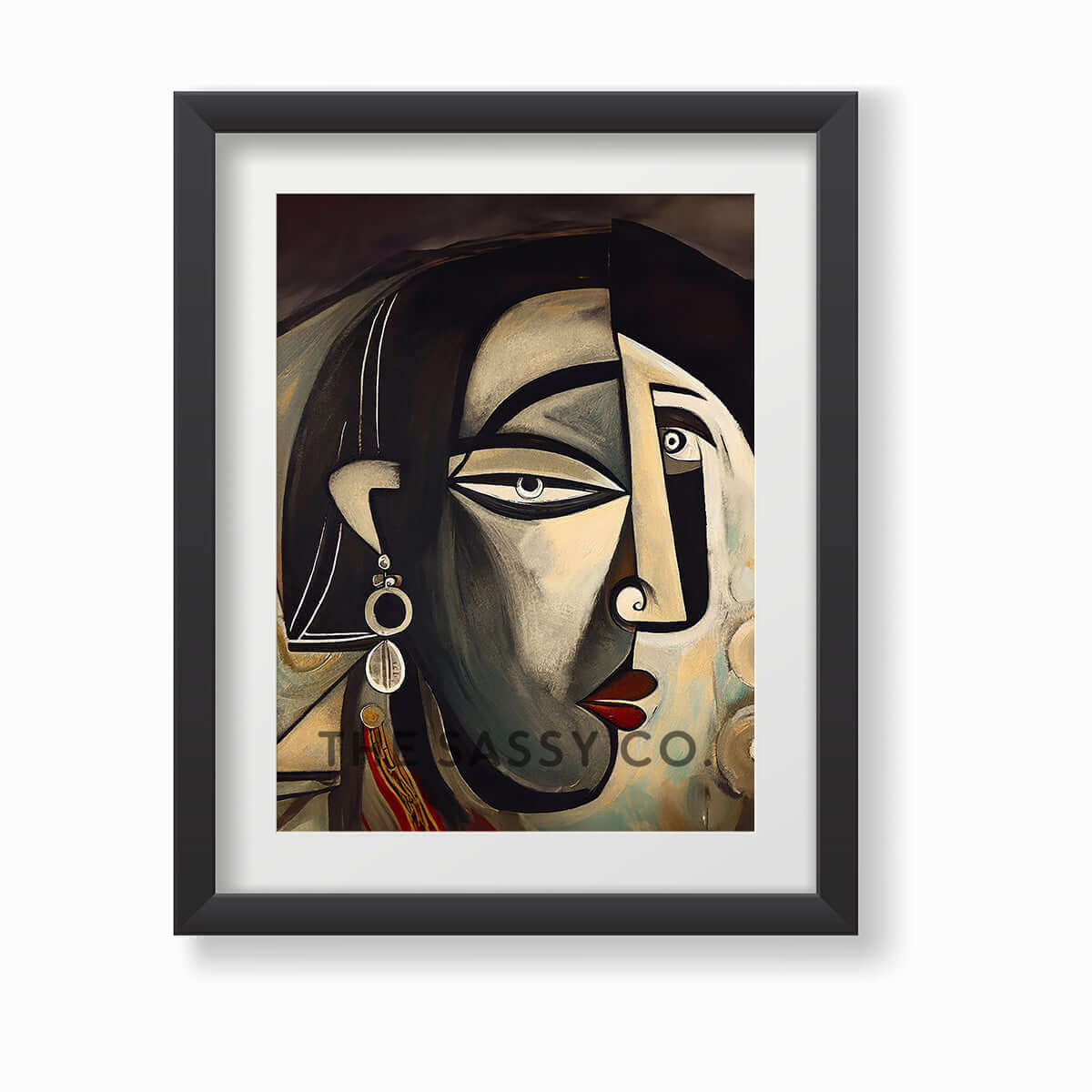 Black and grey color, Picasso style modern abstract Indian woman canvas wall art painting, framed art prints for modern living room, home wall art decor.